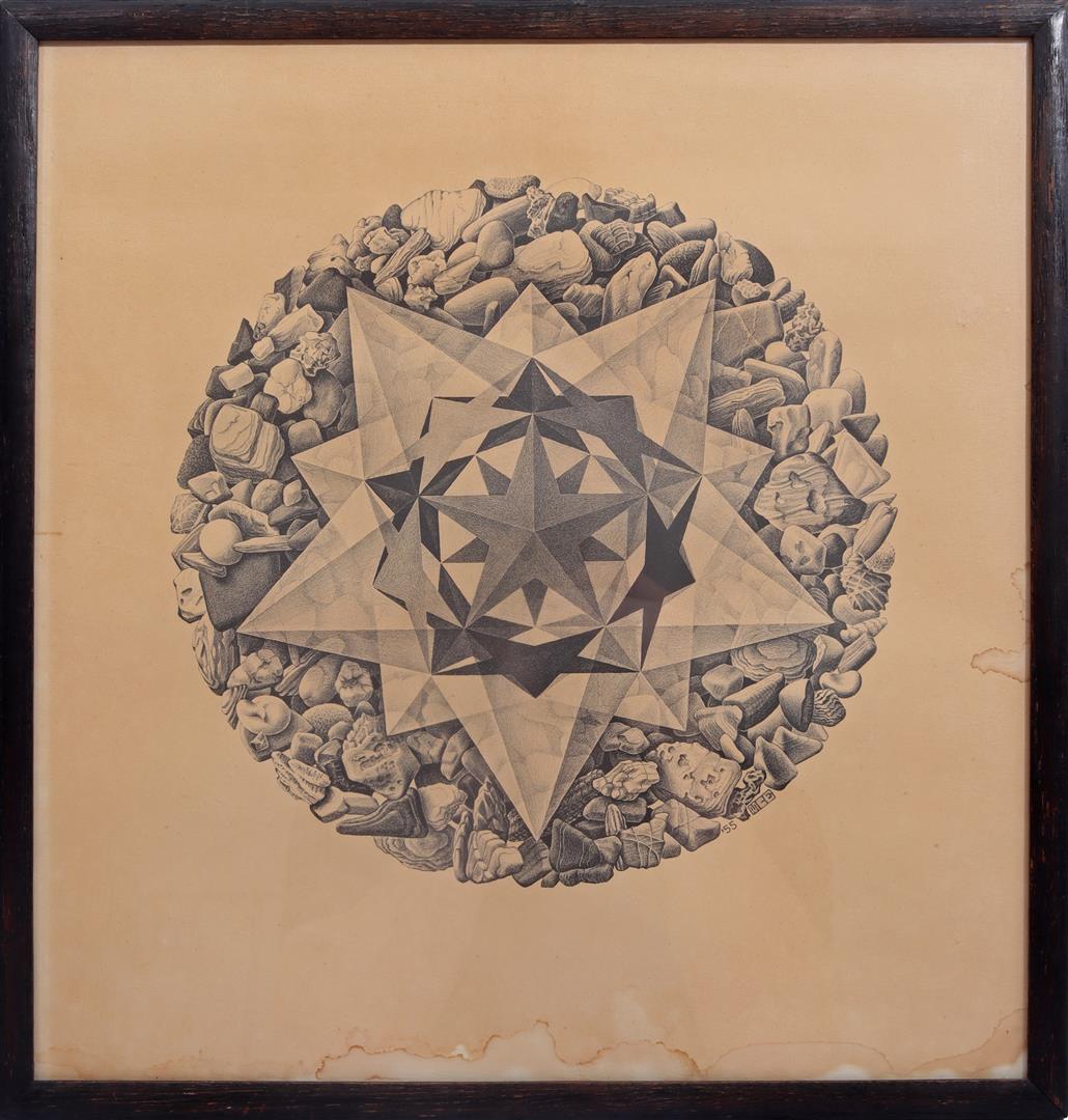 Litho van M.C. Escher getiteld Orde en Chaos met waterschade