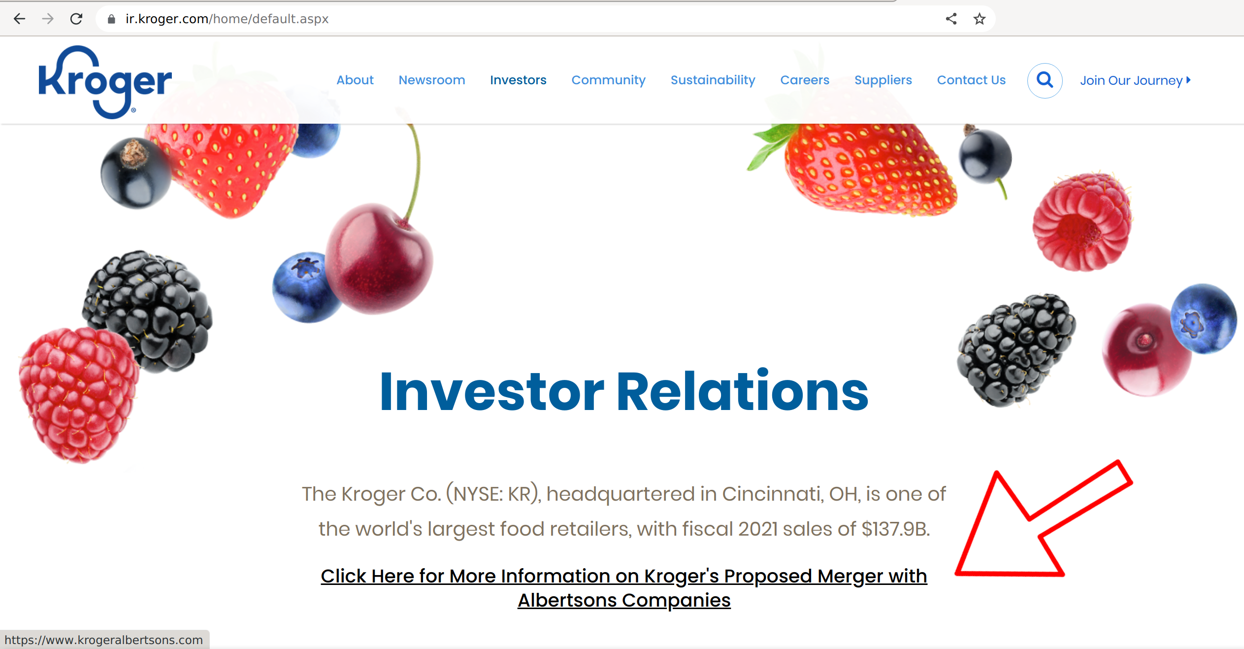 Image of Krogers investor relations page with a link to information about the merger