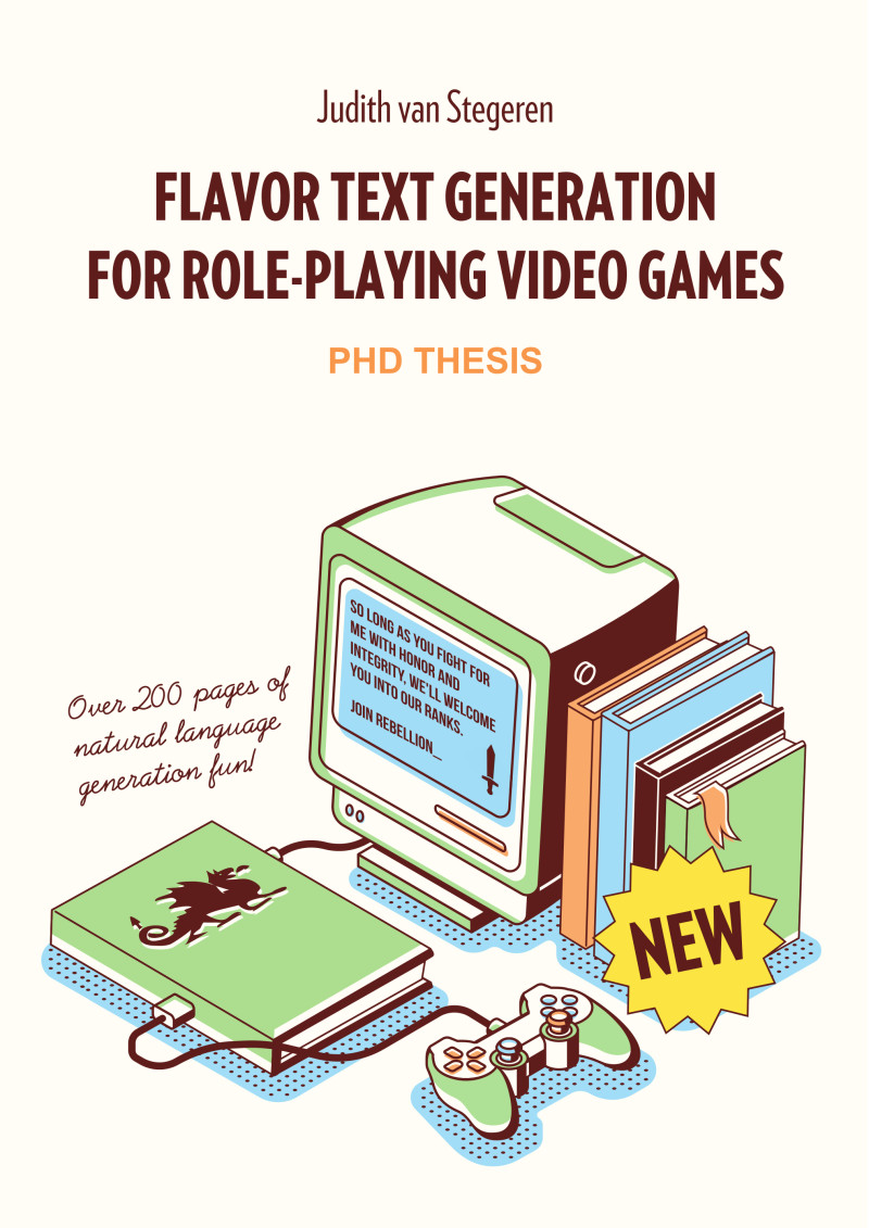 PhD thesis front cover for Flavor Text Generation for Roleplaying video games by Judith van Stegeren