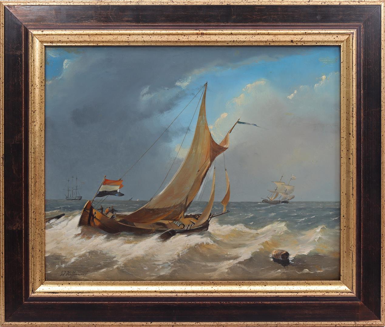 Schilderij van een platbodem op volle zee met driekleur bij het roer