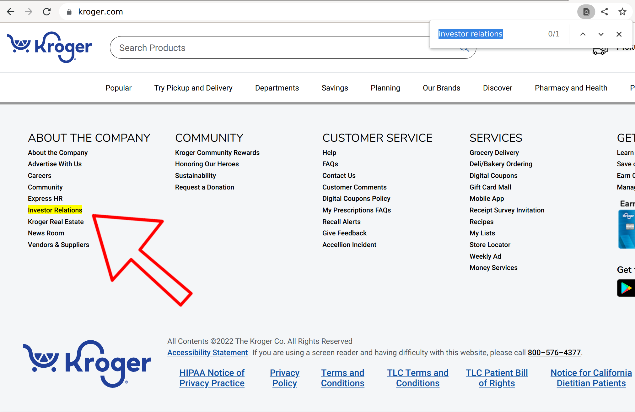 Finding the investor relations website of supermarket company Kroger